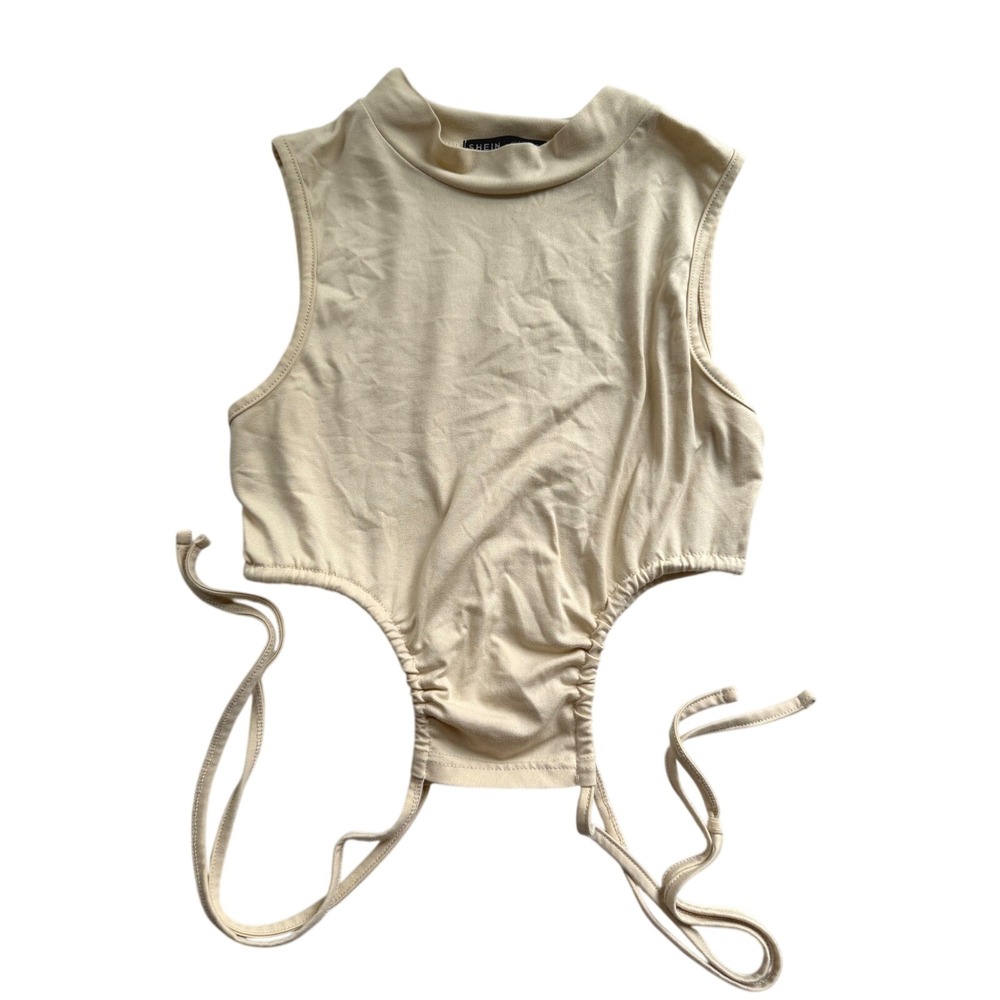 Crop Top Womens Small Beige Mock Neck Ruched Side Tie Streetwear